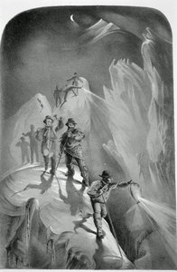 Klättring på natten, från tio scener i Mont Blancs sista bestigning inklusive fem vyer från toppen, av J.D.H. Browne, publicerad 1853 av English School
