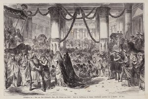 Avslutningsscen av akt I av Karl Goldmarks opera Die Konigin von Saba (Drottningen av Saba), framförd på Leipziger Stadttheater, Tyskland (gravyr) av English School