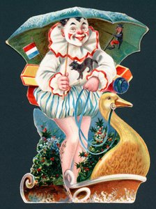Clown som håller paraply på gåsläde, julkort av English School