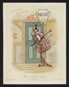 Clown knackar på dörren till en polisstation (chromolitho) av English School