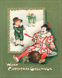 Clown som stjäl plommonpuddingen, julkort av English School