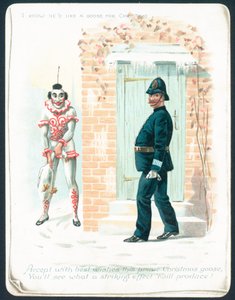 Clown som väntar på polis med gås, julkort av English School