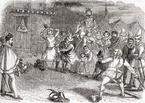 Cock throwing, även kallat cock-shying eller kasta på tuppar, från Gamla England: Ett bildmuseum, pub. 1847 av English School