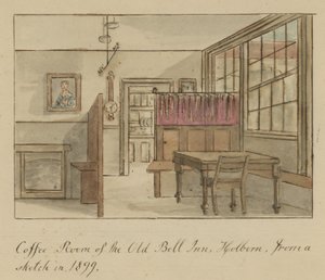 Kafferum på Old Bell Inn, Holborn, London, från en skiss 1899 (wc på papper) av English School