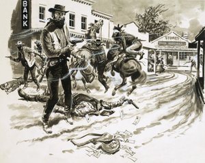 Cole Younger, en medlem av Jesse James Gang, i en skottlossning av English School