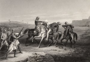 Överste John Platt dödades av myteristerna vid Mhow, 1 juli 1857, från "The History of the Indian Mytery", publicerad 1858 av English School