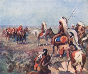 Överste Macleod, från Royal North-West Mounted Police, behandlar indianer vid Fort Macleod (färglitografi) av English School
