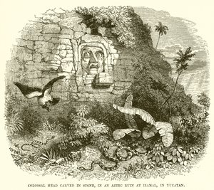 Kolossalt huvud hugget i sten, i en aztekisk ruin vid Izamal, i Yucatan av English School
