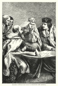 Columbus visar upp sina planer för Ferdinand och Isabella (färgad gravyr) av English School
