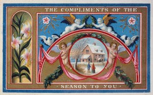 "Säsongens komplimanger", viktorianskt kort (chromolitho) av English School
