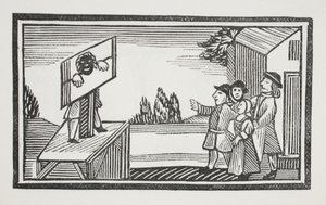 Dömd att stå i en timme eller mer i pelaren, illustration från Chap-books of the Eighteenth Century av John Ashton, pub. 1882 av English School