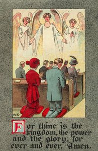 Församling som reciterar Herrens bön (färg litho) av English School