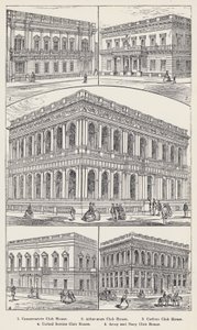 Konservativa klubbhus, Athenaeum Club House, Carlton Club House, United Service Club House, Army and Navy Club House (gravyr) av English School