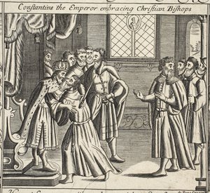 Kejsaren Constantin omfamnar kristna biskopar, illustration från Acts and Monuments av John Foxe, nionde upplagan, pub. 1684 av English School