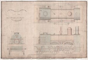 Konstruktionsritning, 0-4-2 lokomotiv och tender av R. och W. Hawthorn and Co. för Stanhope and Tyne Railway Co. av English School