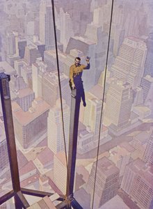 Byggnadsarbetare på stålramen av en skyskrapa högt över gatorna i New York City, New York, USA (färg litho) av English School
