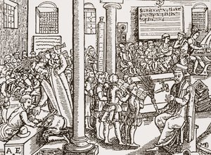 Samtida träsnitt av en gymnasium i Tudor av English School
