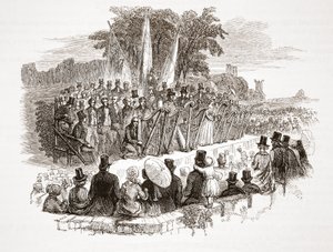 Tävling om guldharpan på Royal Denbigh Eisteddfod, innan H.R.H. hertigen av Susses 1828 (stålstick) av English School