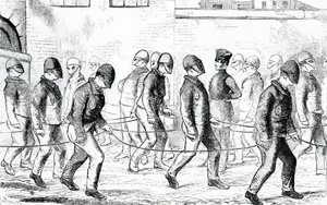 Fångar som tränar i Pentonville Prison, från "The Criminal Prisons of London and Scenes of Prison Life" av Henry Mayhew och John Binny, 1862 av English School