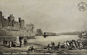 Conway Bridge under konstruktion, 1848 av English School