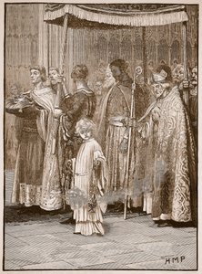 Kröning av Richard i Westminster Abbey: processionen längs gången, illustration från Cassells Illustrated History of England (sepiafoto) av English School