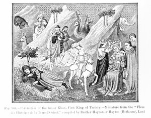 Kröning av den store Khan (Kublai Khan) (1214-94) Förste kung av Tartary, från Fleur des Histoires de la Terre dOrient, sammanställd av Hayton (d.1271), illustration från Science and Literature i t. av English School