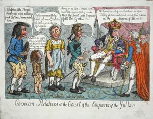 Corsican Realtives at the Court of the Emperor of the Gulls!!, pub 1804 (handfärgad gravyr) av English School