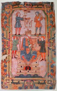 Cott Tib C VI f.30v David spelar sin harpa, från Tiberius Psalter, Winchester, c.1050 (vellum) av English School