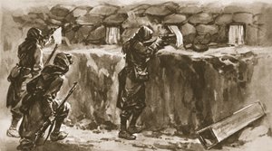 Fönstergardiner i stugor som skärmar med hål i trench: En fransk hjälpmedel för att förbrylla fiendens skarpskytt, från The Illustrated War News, 1915 av English School