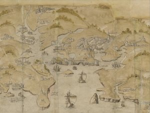 Bomull Augustus I. i. 38 Karta över kusten mellan Fowey och Salcombe, inklusive Plymouth. Del av en panoramakarta över kusten från Lands End till Exmouth, ca 1539 (bläck & färg på veläng) av English School
