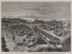 Bomullsbalar som ligger vid Bombay Terminus of the Great Indian Peninsula Railway redo för leverans till England (gravyr) av English School