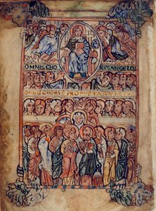 Cotton Galba A. XVIII, f.2v Kristus i Majestät omgiven av passionens redskap och änglar och profeter, illustration från 
