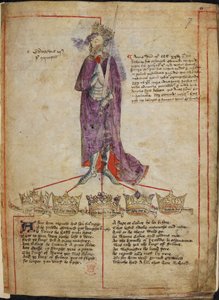 Bomull Julius E. IV, f.7 Ritning av Edvard III, med kort redogörelse för hans regeringstid, och rader från 