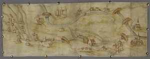 Cotton MS Augustus I i 65 Karta över floden Trent och dess bifloder mellan Nottingham och Newark, ca 1540 (penna och bläck med akvarell på papper) av English School