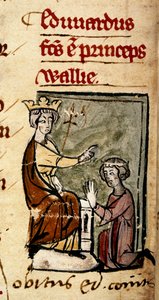 Cotton Nero D. II, f.191v Edward av Caernarvon (Edward II) skapade Prince of Wales och Earl of Chester av sin far, kung Edward I, vid Lincolns parlament, 7 februari 1301, från "Chronica Roffense", av Matthew Paris (vellum) av English School