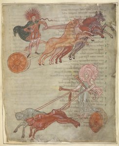 Cotton Tiberius B.V, del 1, f.47 Solens och månens vagnar, illustration från 