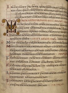 Bomull Vespasianus A. I, f.55v Psalm 56 med gammalengelsk glans och dekorerad initial MI av English School