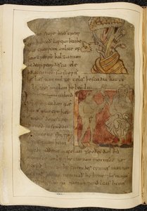 Bomull Vitellius A. XV f.103v, Ett träd från vilket balsam växer; en donestre, en man med djurhuvud, till vänster som håller ett mänskligt ben och fot, och en person till höger, illustration från Beowulf, från 