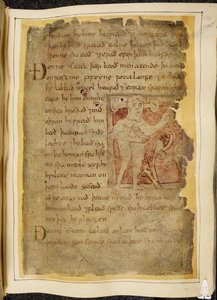 Cotton Vitellius A. XV f.104r, A panotii, d.v.s. en man med öron utskjutande på stjälkar, som håller ett föremål som ser ut som en båge, illustration från Beowulf, från 