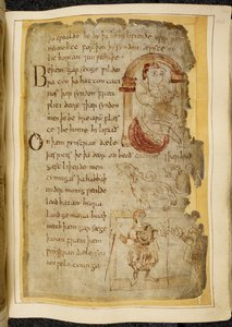 Cotton Vitellius A. XV f.106r, En man sittande på en kudde under en båge; två catini, odjur med öppen mun som hundar; en klädd man med en stav, sträcker ut sin hand till en annan man, illustration från Beowulf, från 