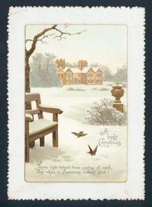Hus på landet i snön, julkort av English School