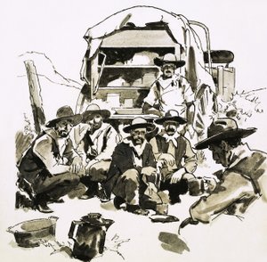 Cowboys samlades runt en chuckvagn av English School