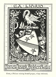Crest, en pelikan som på ett riktigt sätt vulgar sig, vingar påskrivna (gravyr) av English School