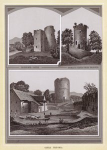 Crickhowel slott; Bronllys slott nära Talgarth; Castle Tretower (litho) av English School