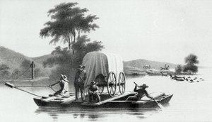 Crossing of the Platte Mouth of Deer Creek, från Exploration and Survey of the Valley of the Great Salt Lake of Utah av Howard Stansbury, publicerad 1852 av English School