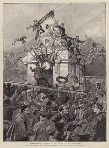 Folkmassor som river sorgemblem från statyn av Strasbourg på Place de la Concorde, Paris av English School