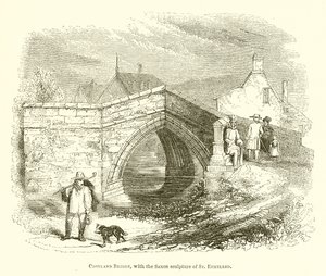 Croyland Bridge, med den saxiska skulpturen av St. Ethelred (gravyr) av English School