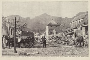 Skador på Rempart Street, Port Louis, orsakade av 1892 Mauritius cyklon (litho) av English School