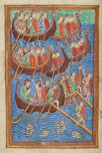 Danskar under Hinguar och Hubba landar i Storbritannien, från Miscellany on the life of St. Edmund, Bury St Edmunds, c.1130 (vellum) av English School