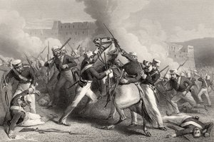 Brigadier Adrian Hopes död i attacken mot Fort of Roodmow, 15 april 1858, från "The History of the Indian Mytery" publicerad 1858 av English School